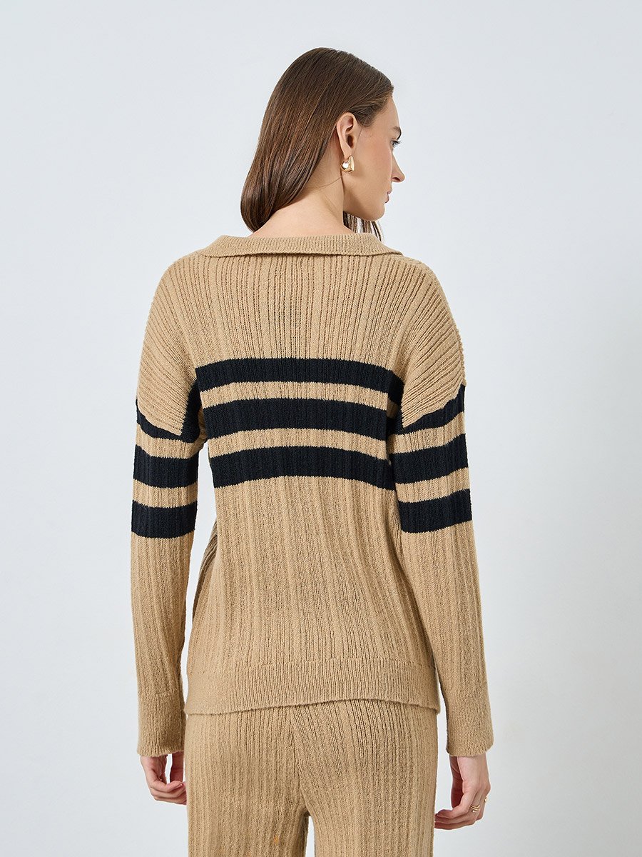 Women Beige Striped Polo Neck Knit Top 