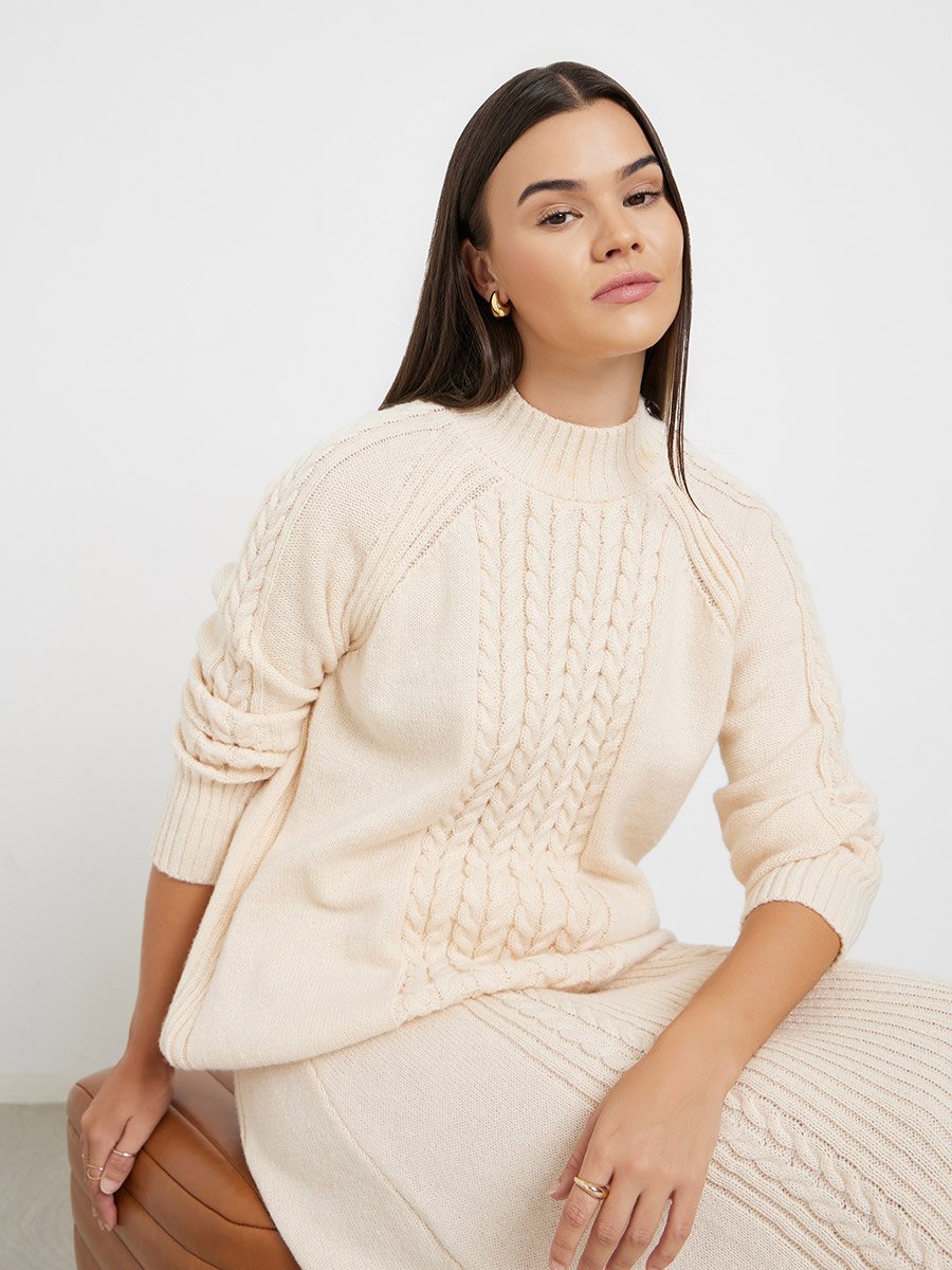Beige Regular Fit Cable Knit Sweater