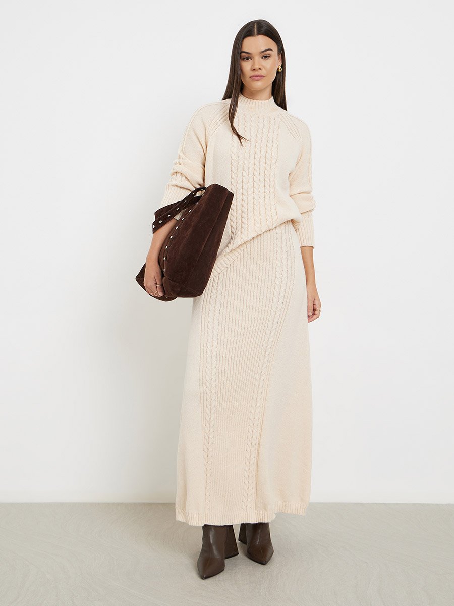 Beige Regular Fit Cable Knit Sweater