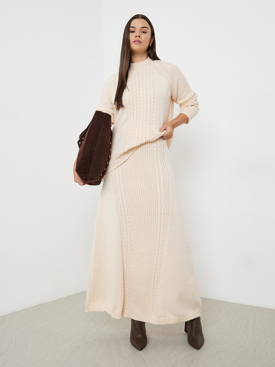 Beige Sweat Cable Knit Maxi Skirt