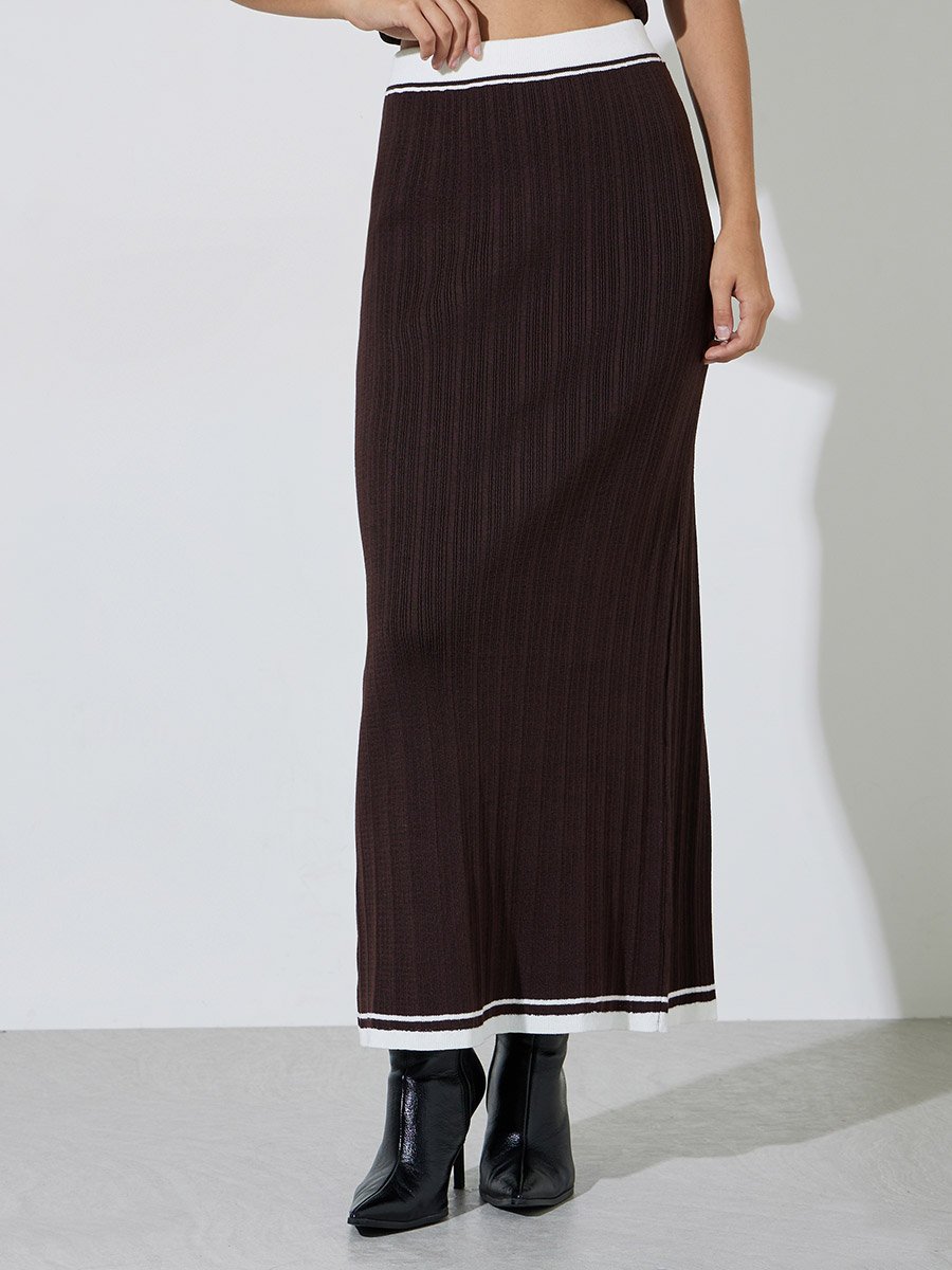 Brown Contrast Trims A-Line Maxi Skirt