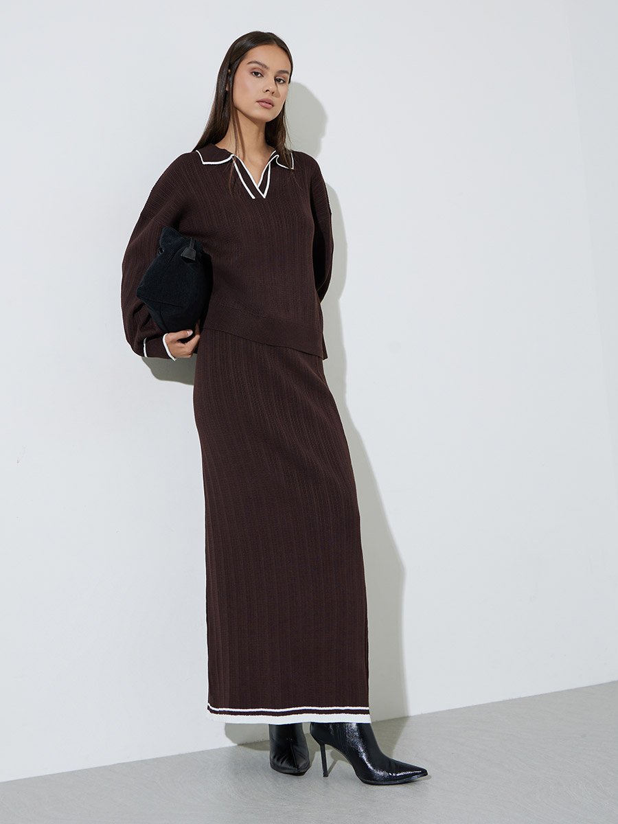 Brown Contrast Trims A-Line Maxi Skirt