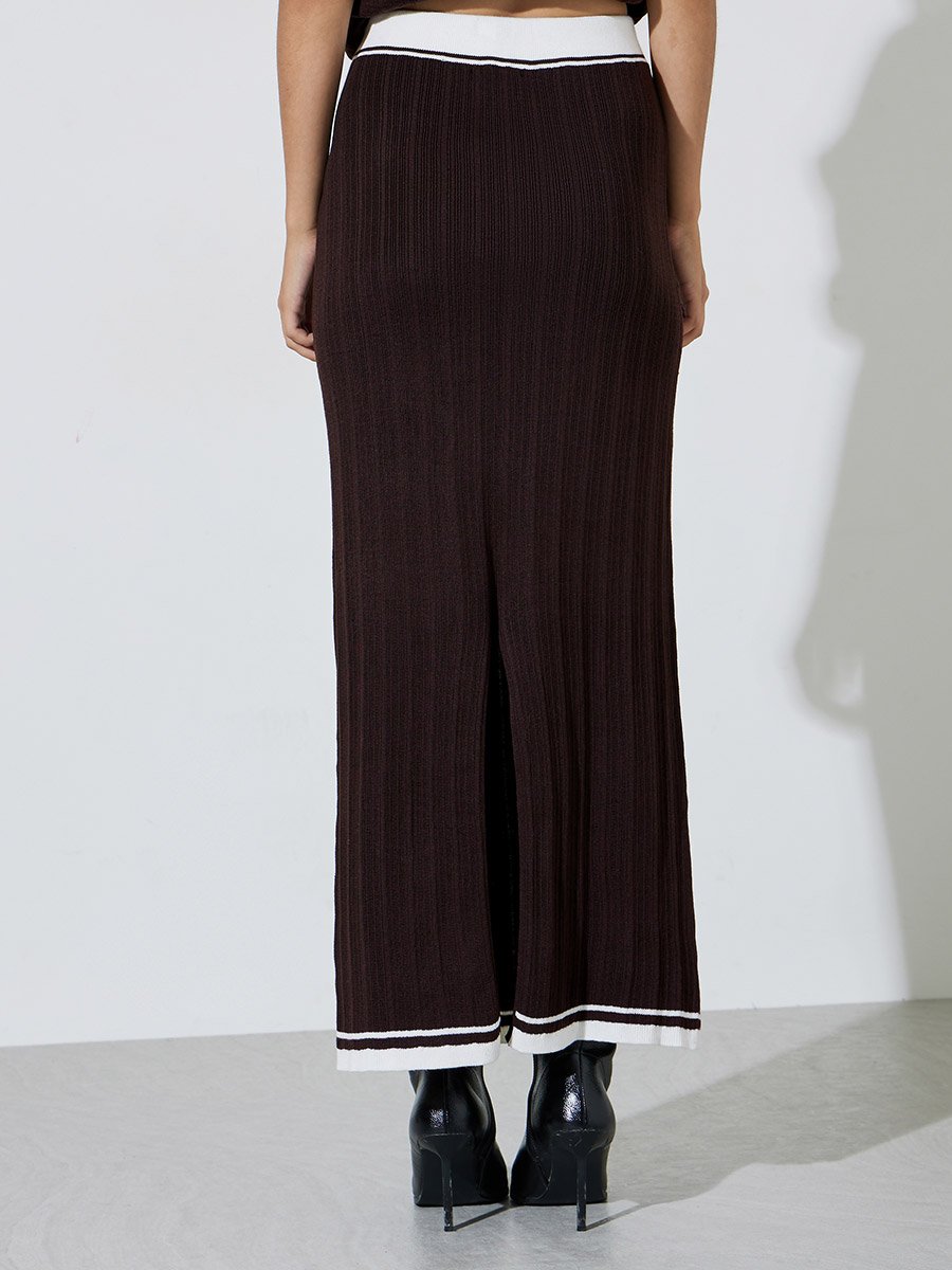 Brown Contrast Trims A-Line Maxi Skirt