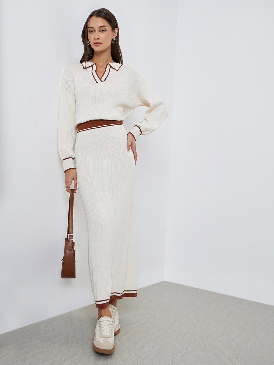 Off White Contrast Trims A-Line Maxi Skirt