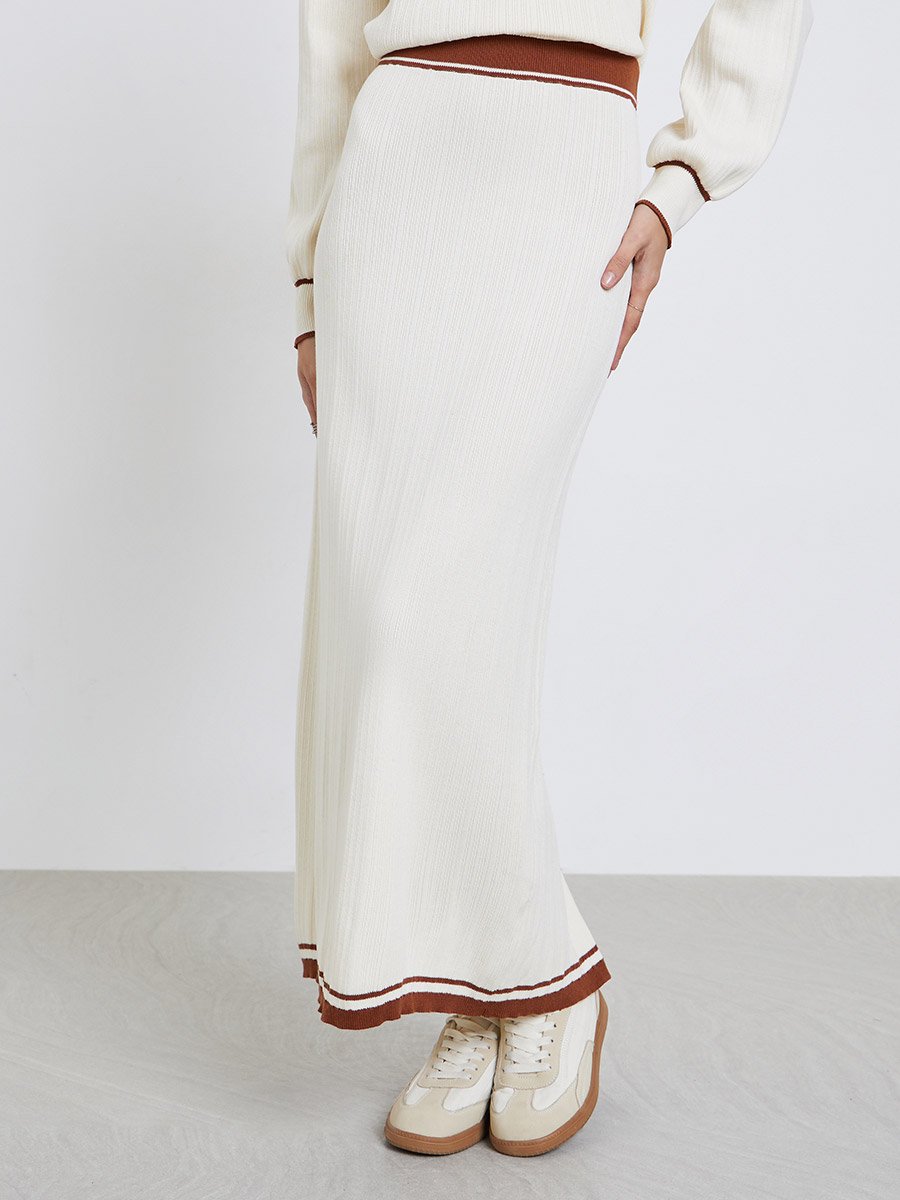 Off White Contrast Trims A-Line Maxi Skirt