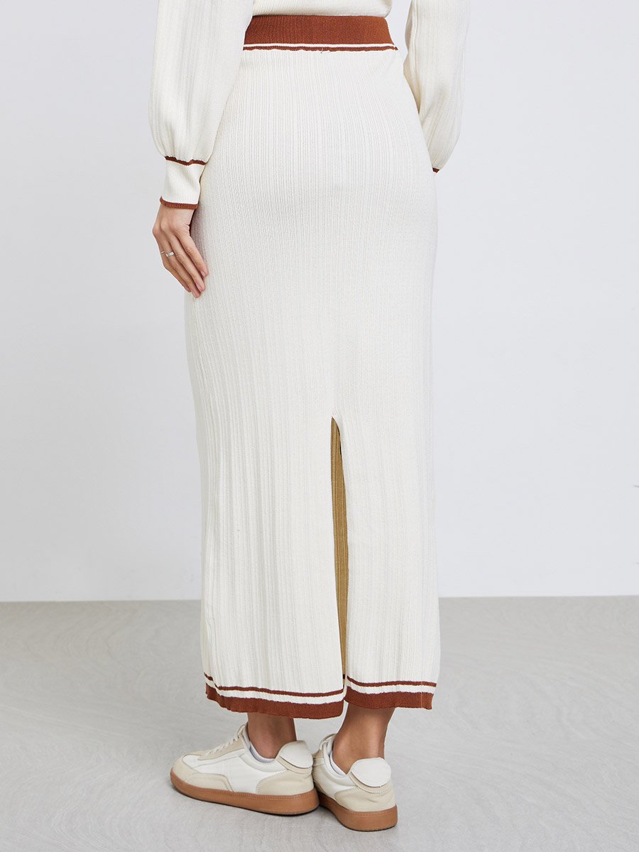 Off White Contrast Trims A-Line Maxi Skirt