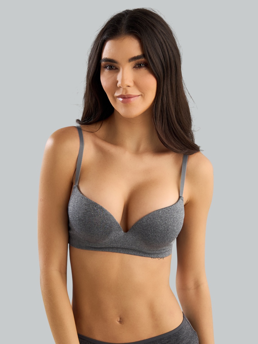 Ribbed Wired Push-Up Bra with Hook and Eye Closure