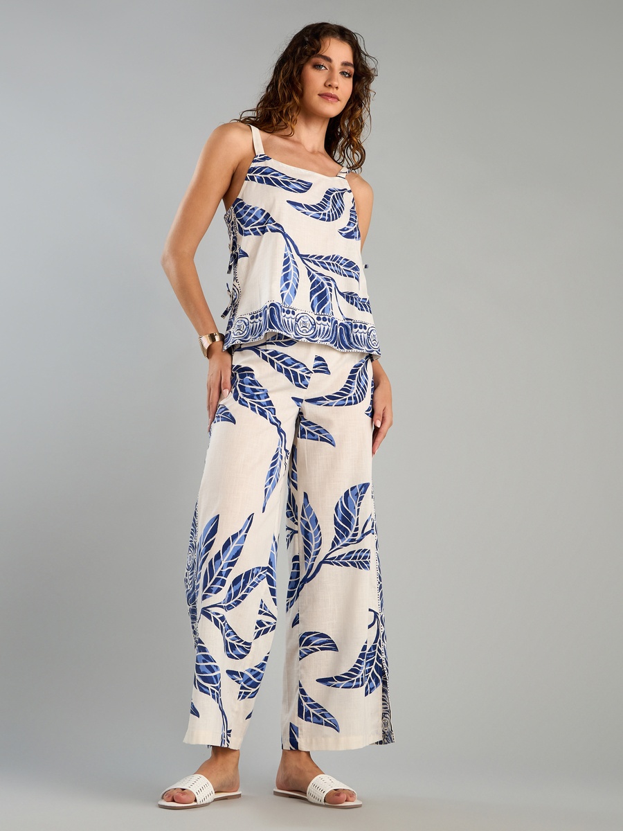 All-Over Leaf Print Sleeveless Top with Slits