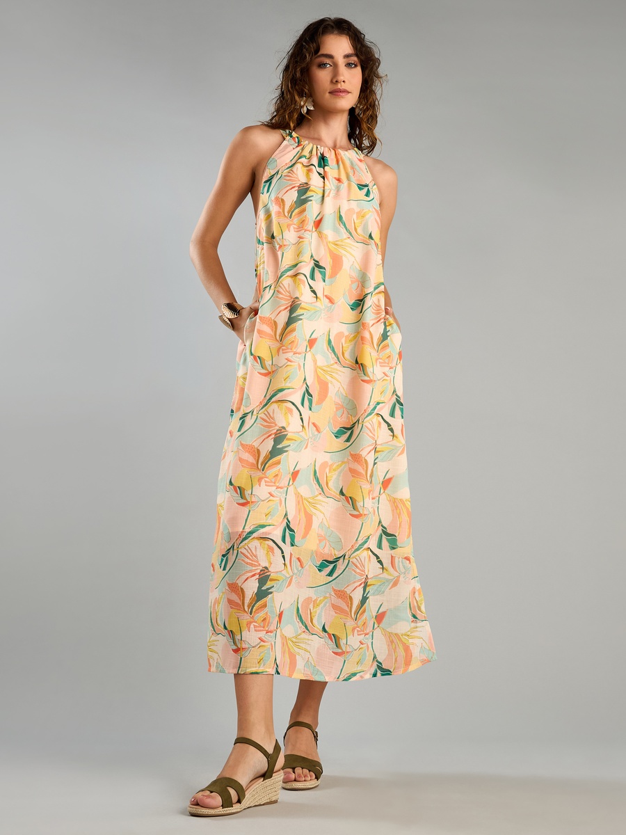 All-Over Tropical Print Sleeveless Dress with Tie-Ups