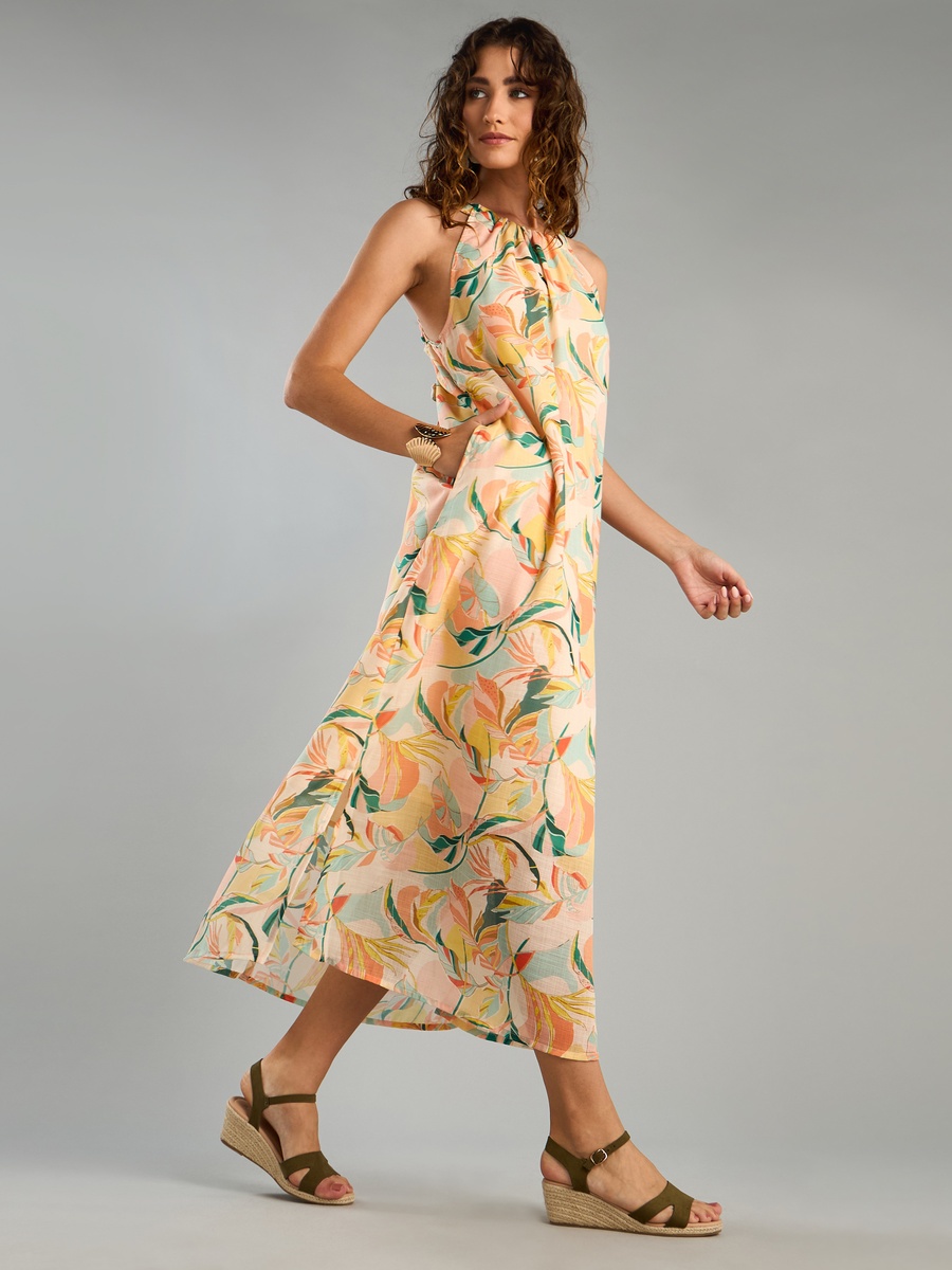All-Over Tropical Print Sleeveless Dress with Tie-Ups