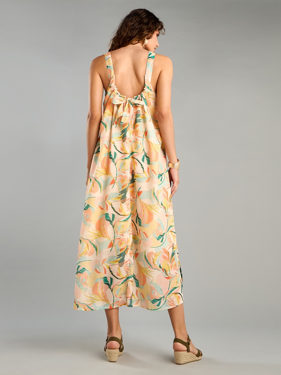 All-Over Tropical Print Sleeveless Dress with Tie-Ups