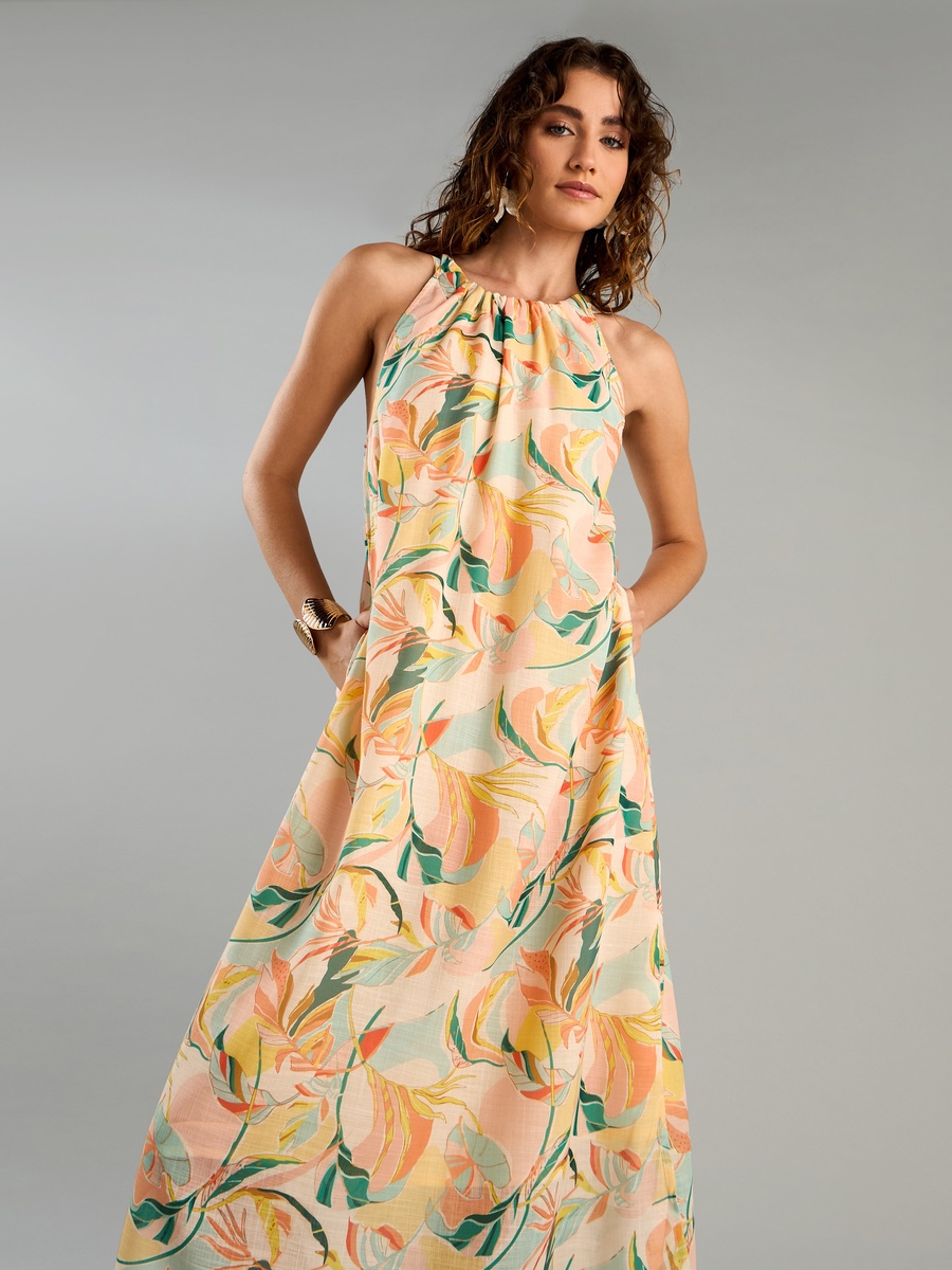 All-Over Tropical Print Sleeveless Dress with Tie-Ups