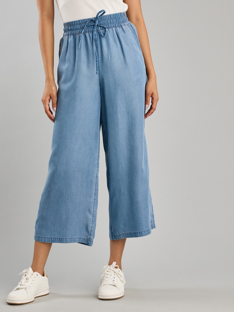 Plain Lyocell Culottes with Drawstring Closure and Pockets