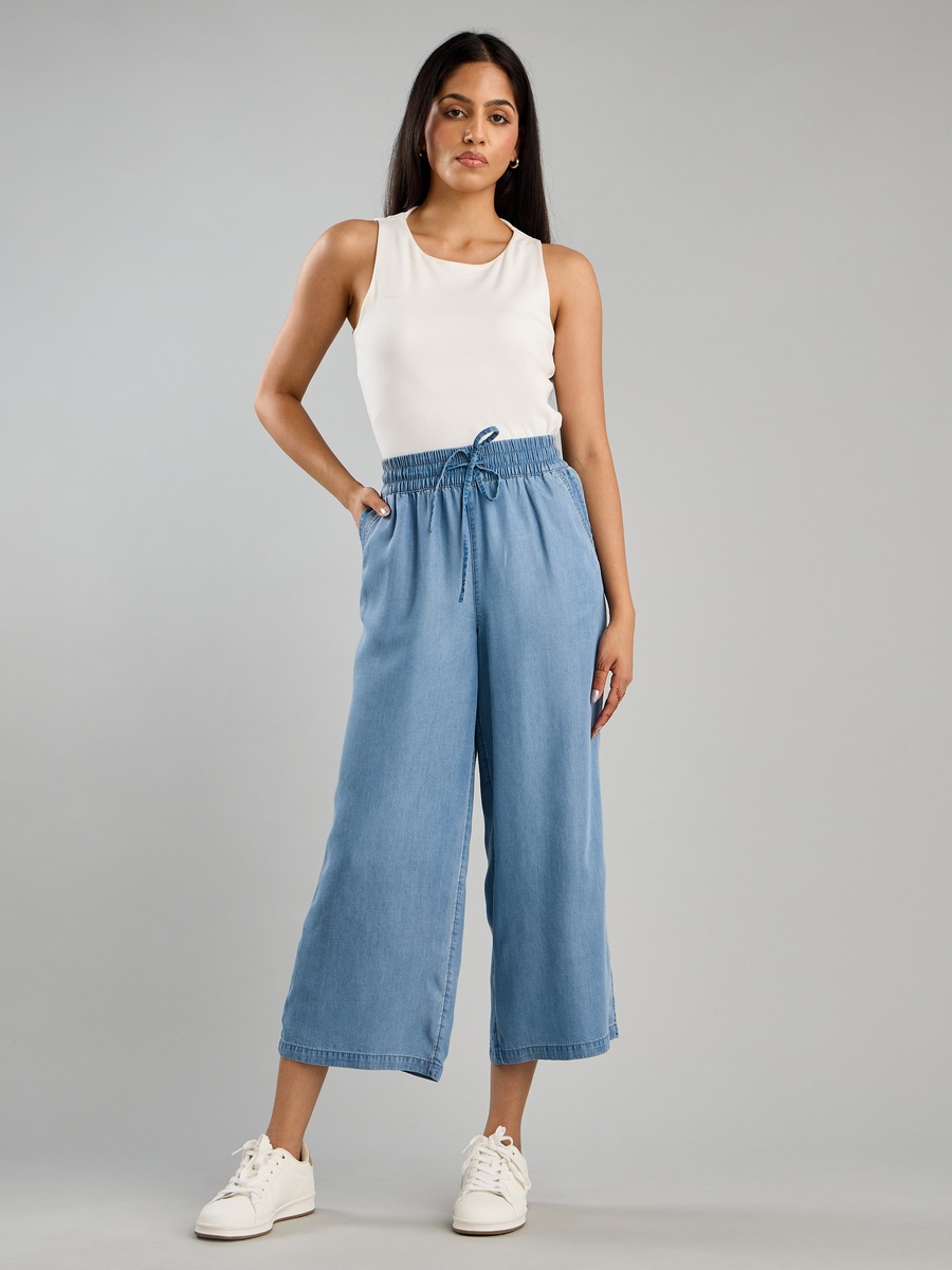Plain Lyocell Culottes with Drawstring Closure and Pockets