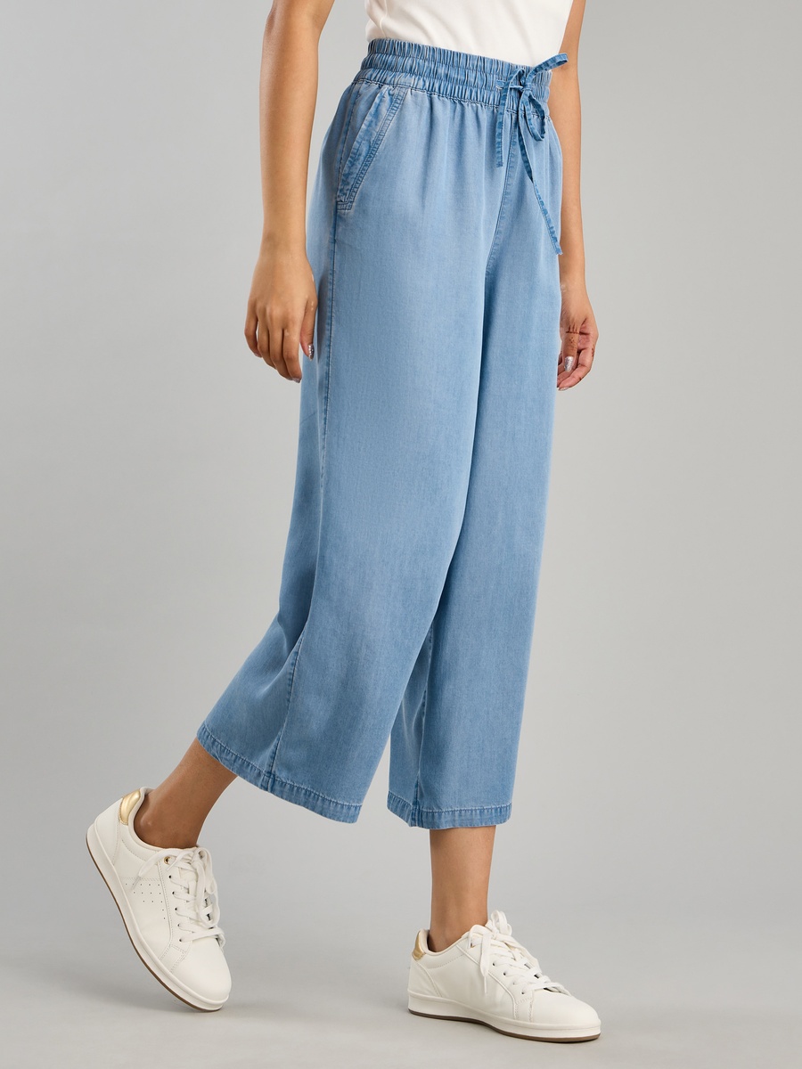 Plain Lyocell Culottes with Drawstring Closure and Pockets
