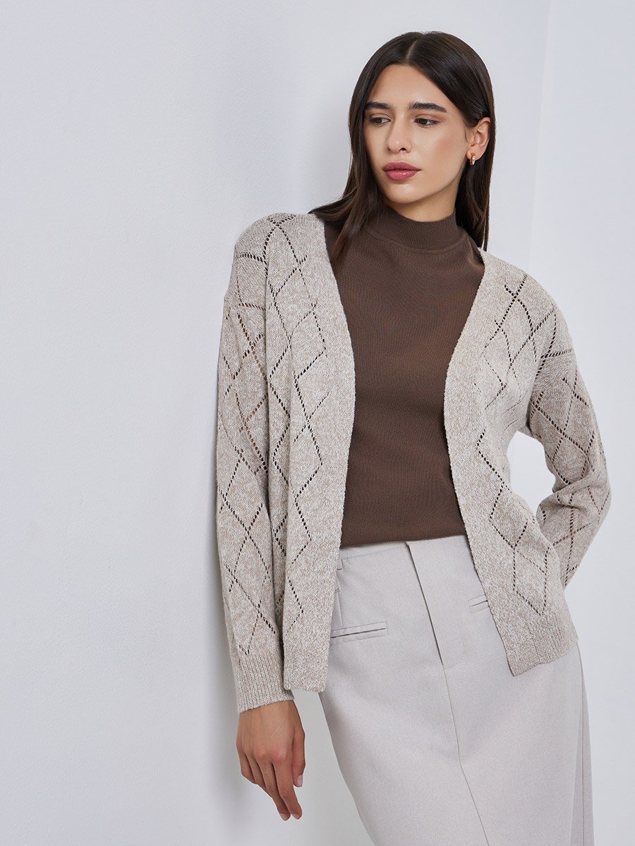 Beige Textured Diamond Knit Cardigan