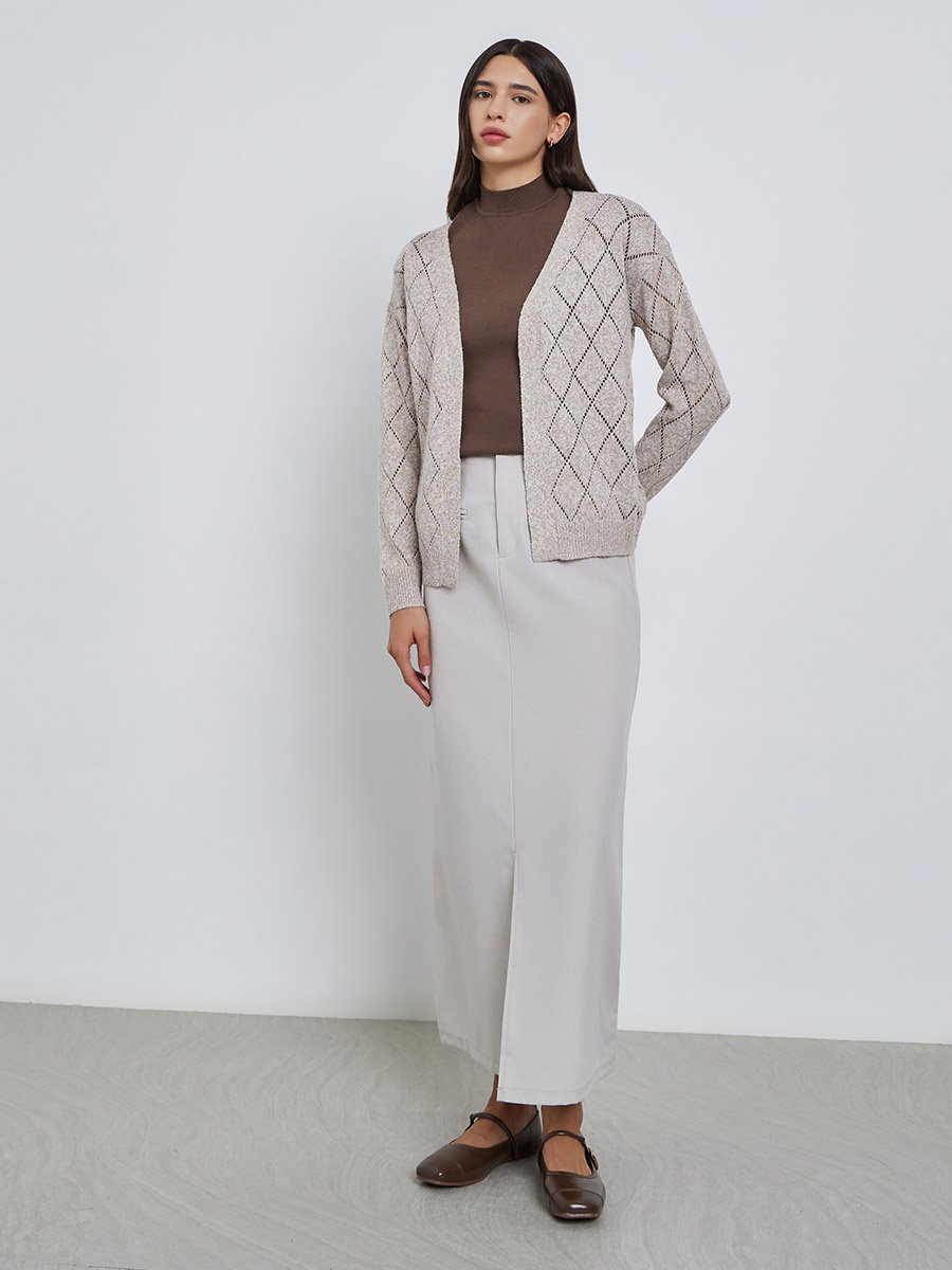 Beige Textured Diamond Knit Cardigan