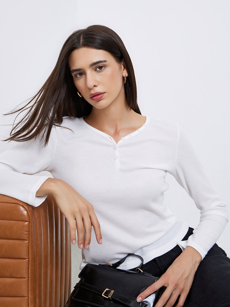 White Solid Half-Placket Waffle Knit Top