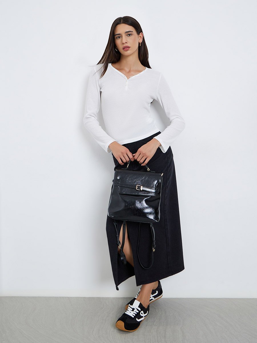 White Solid Half-Placket Waffle Knit Top
