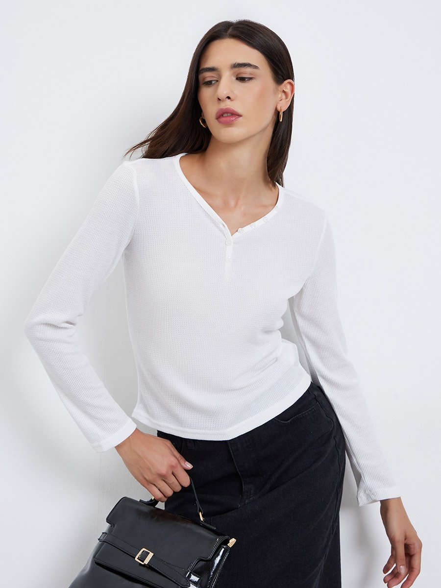 White Solid Half-Placket Waffle Knit Top