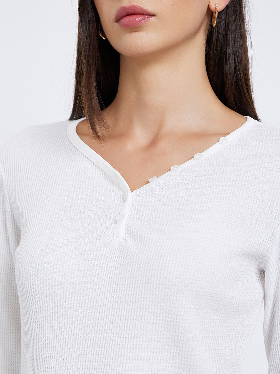 White Solid Half-Placket Waffle Knit Top