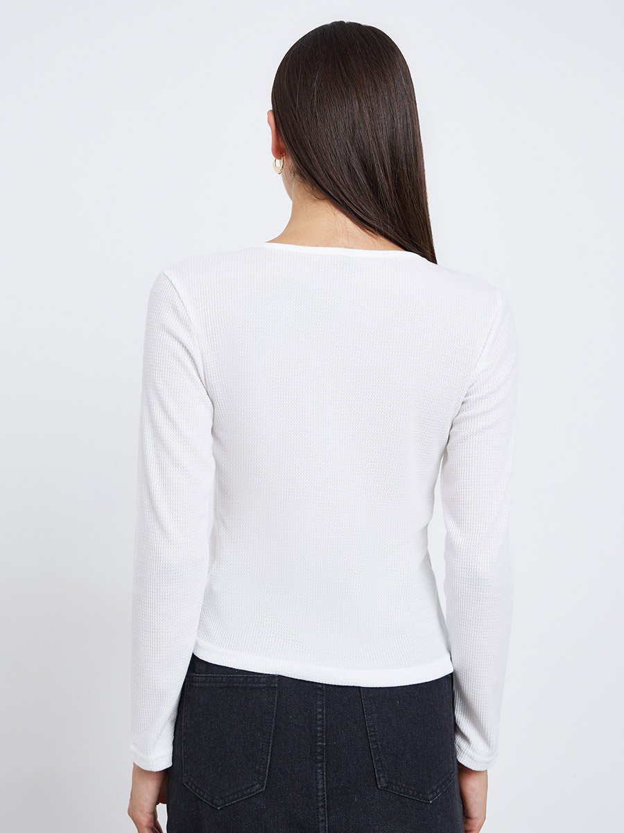 White Solid Half-Placket Waffle Knit Top