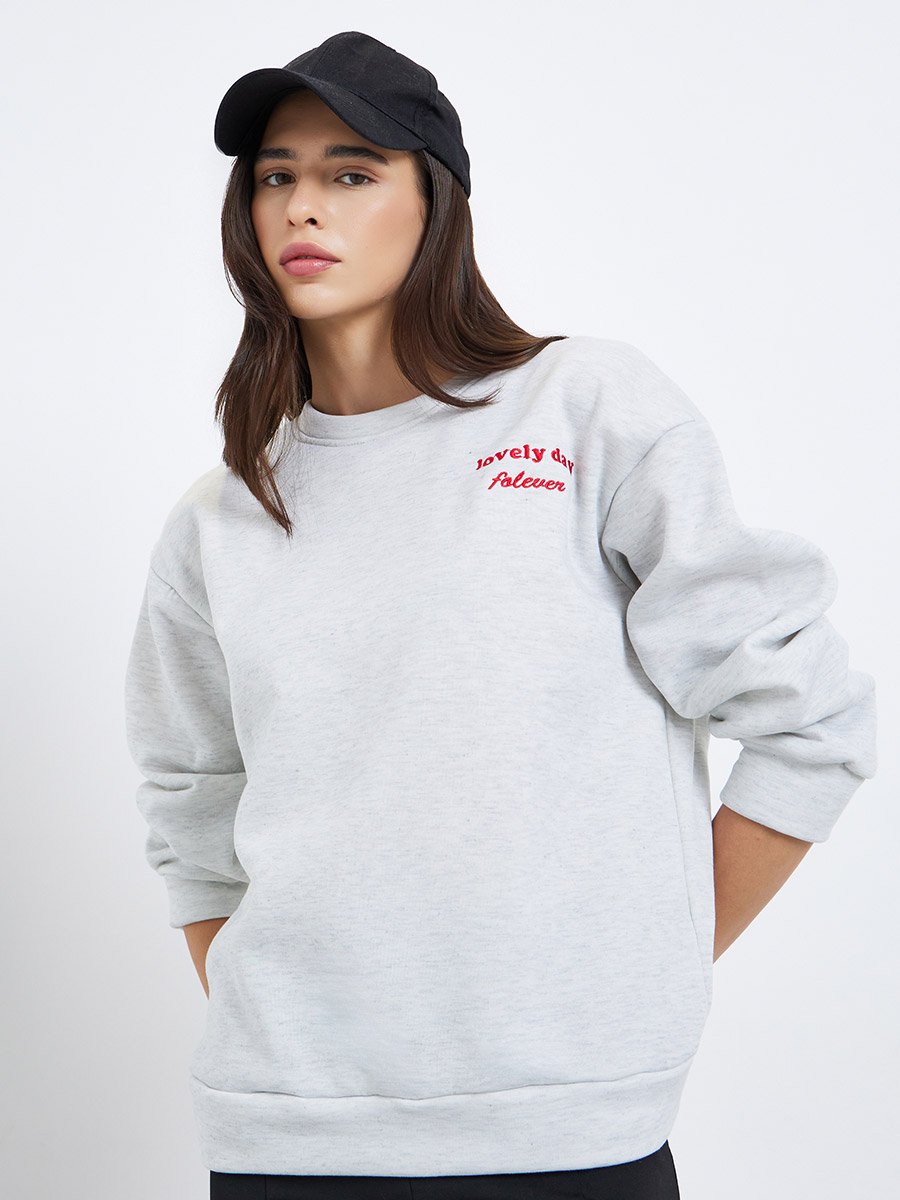 Grey Embroidered Slogan Oversized Sweatshirt