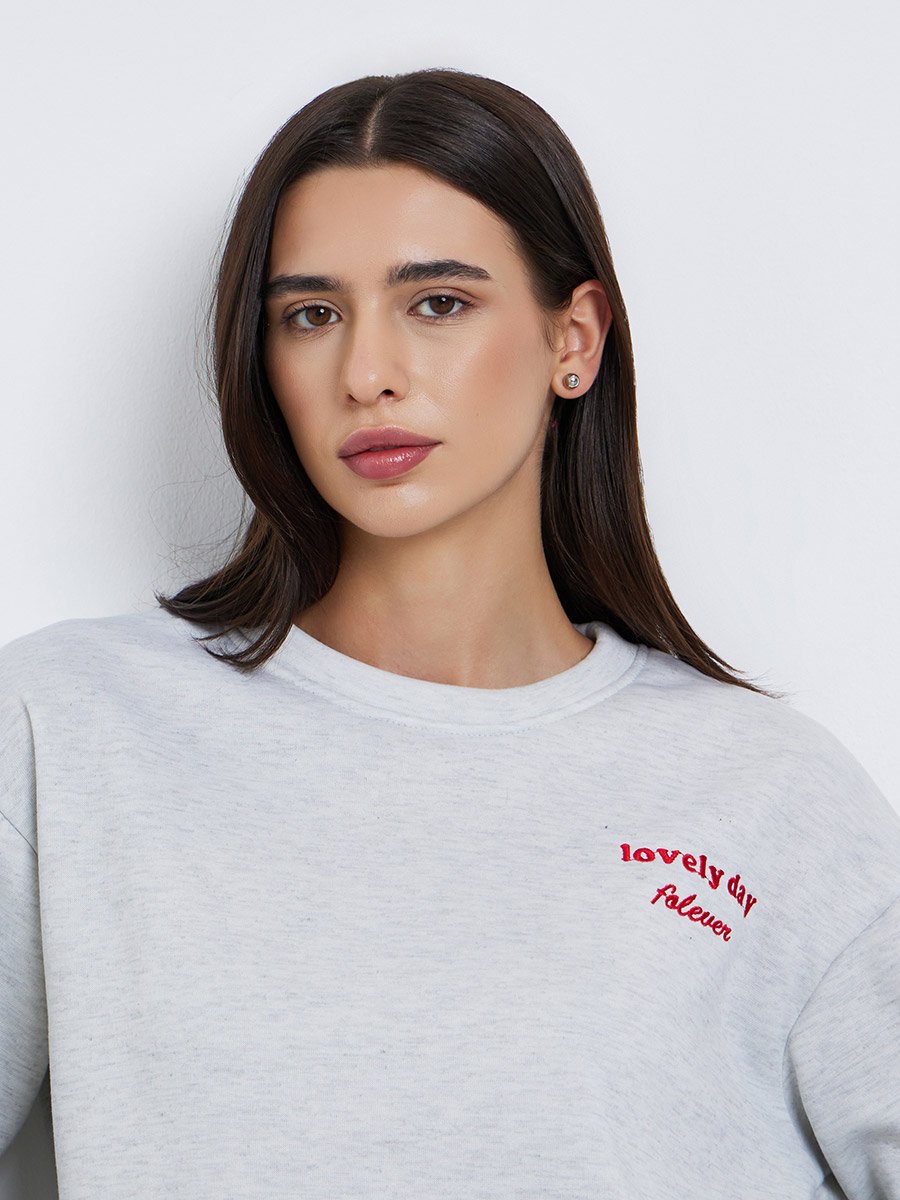 Grey Embroidered Slogan Oversized Sweatshirt
