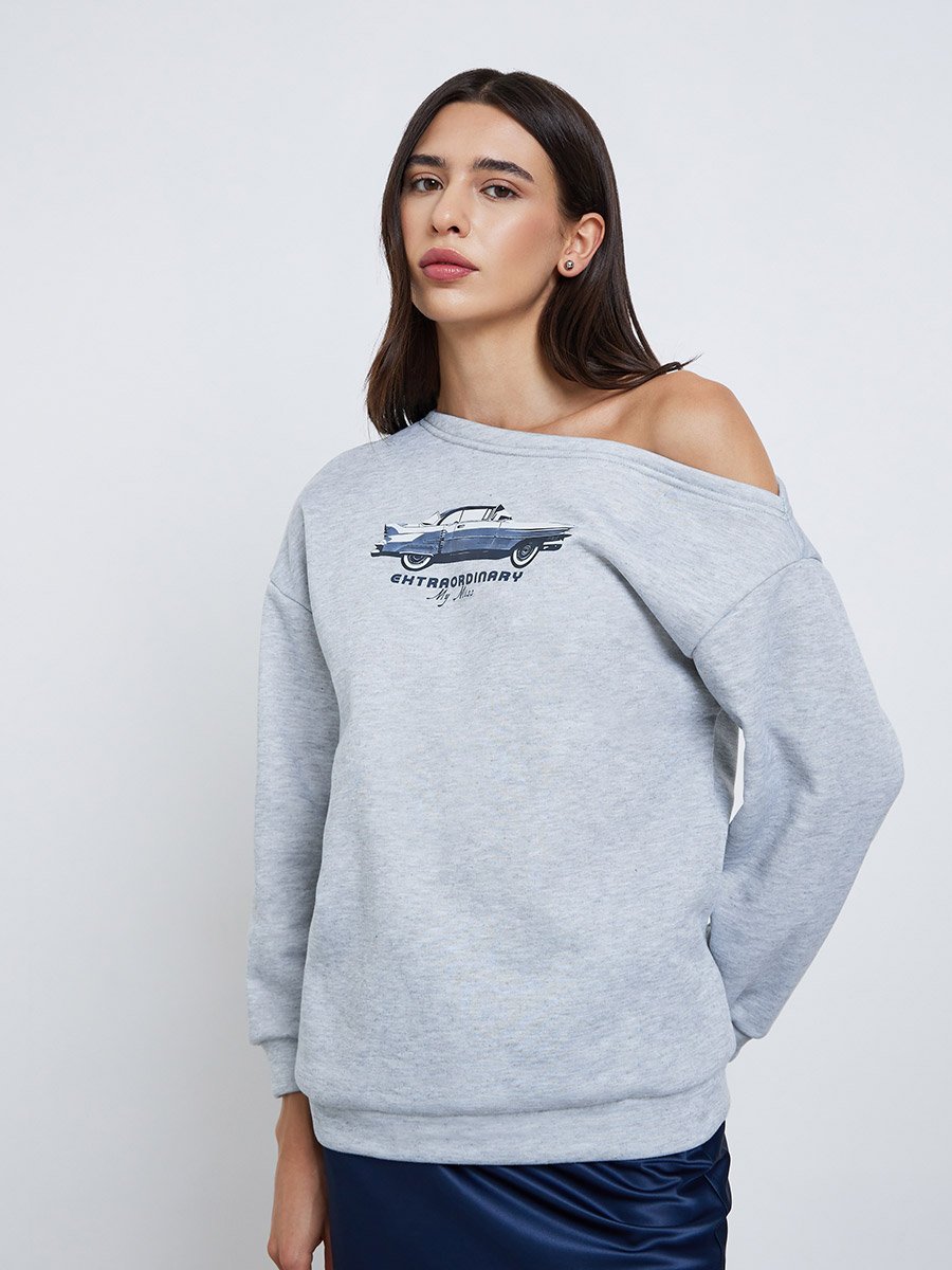 Grey Asymmetric Neck Graphic Sweatshirt