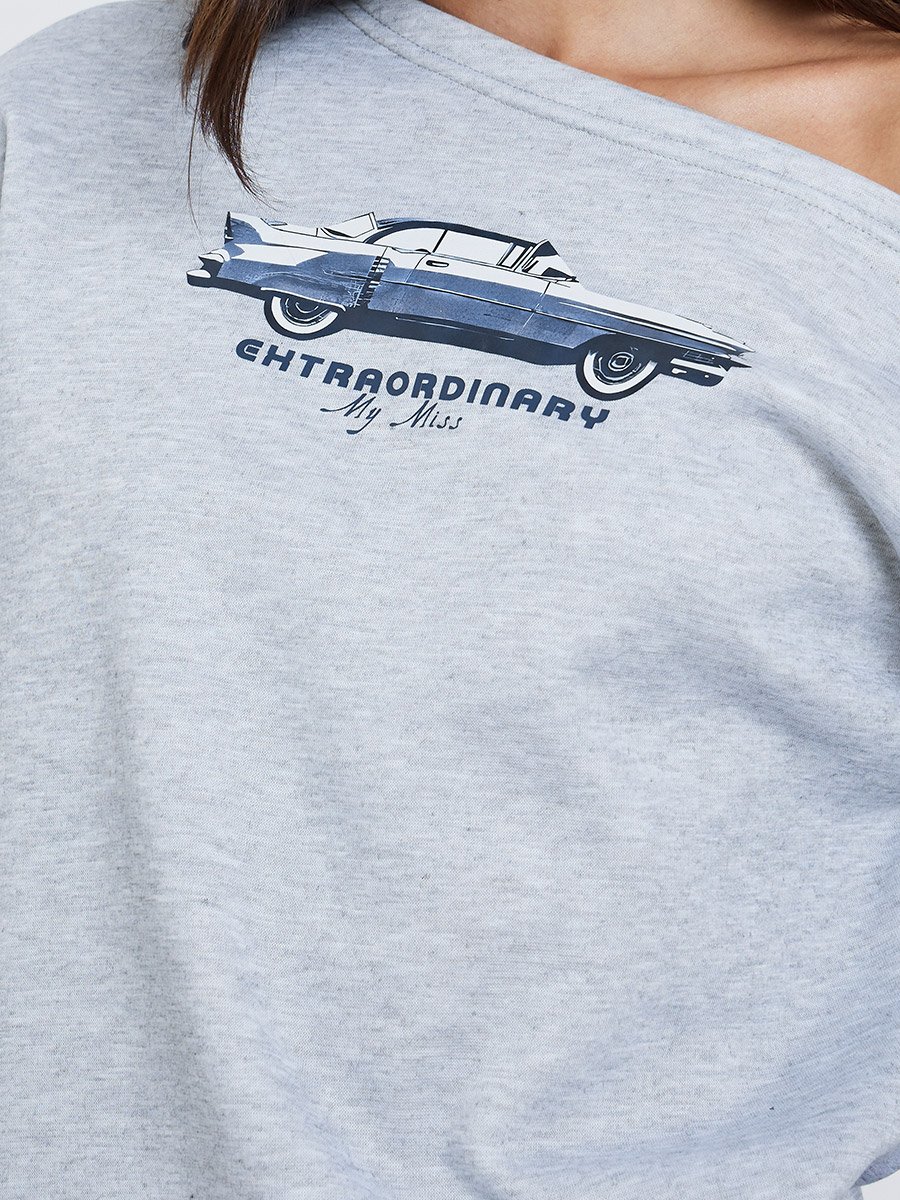 Grey Asymmetric Neck Graphic Sweatshirt