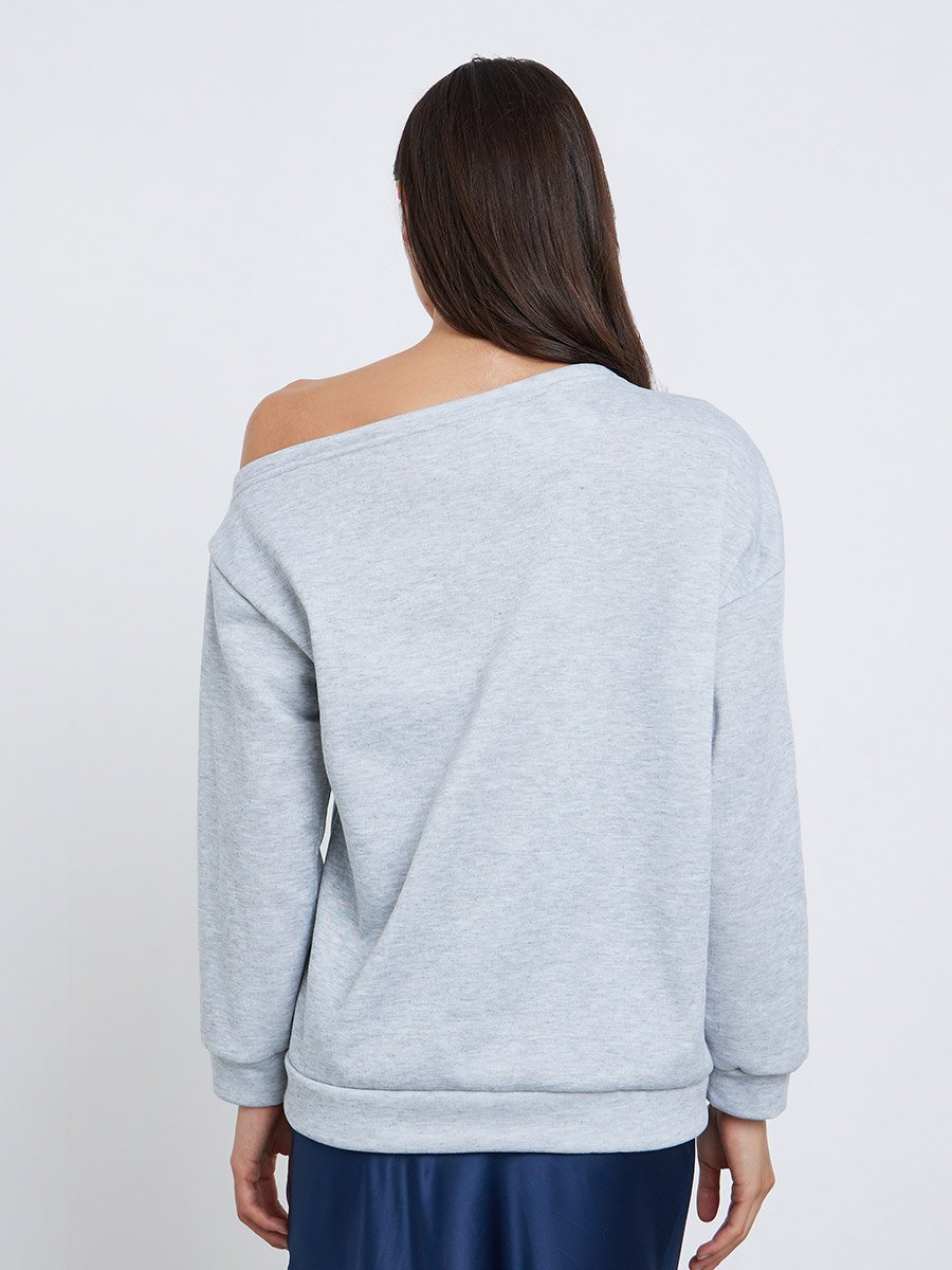 Grey Asymmetric Neck Graphic Sweatshirt