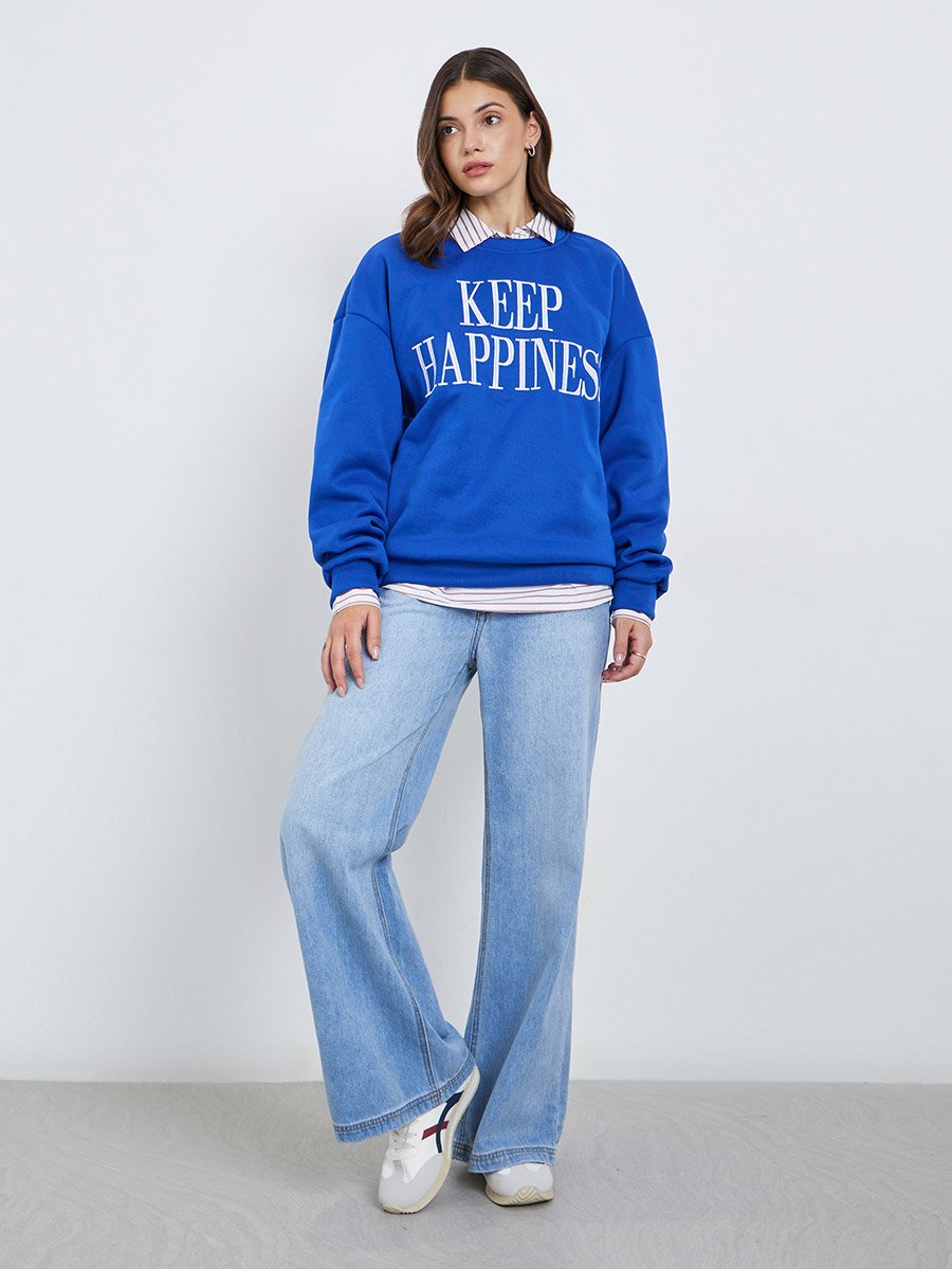 Women Blue Slogan Print Sweatshirt