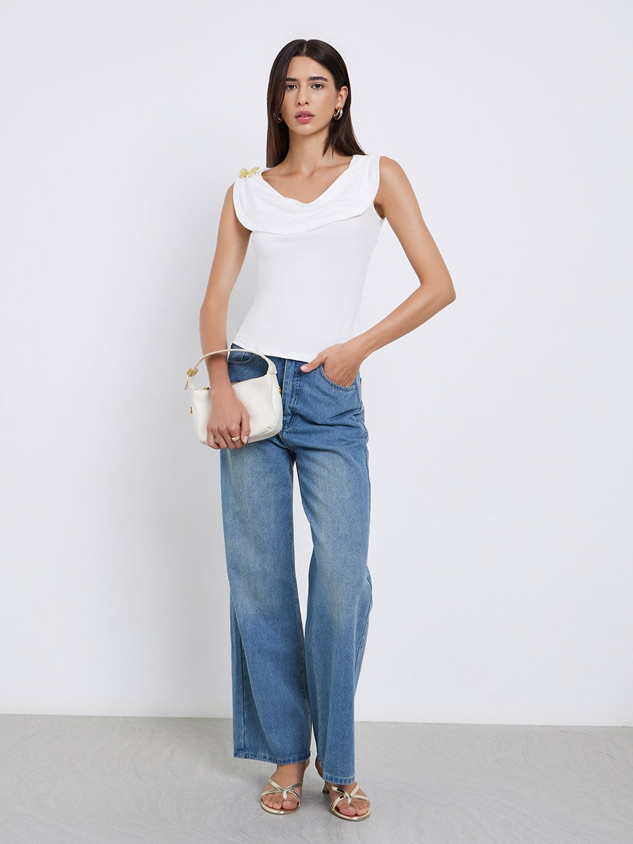 White Sleeveless Top with Butterfly Metal Accent