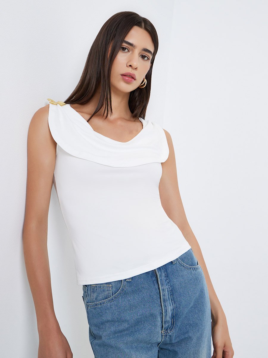 White Sleeveless Top with Butterfly Metal Accent