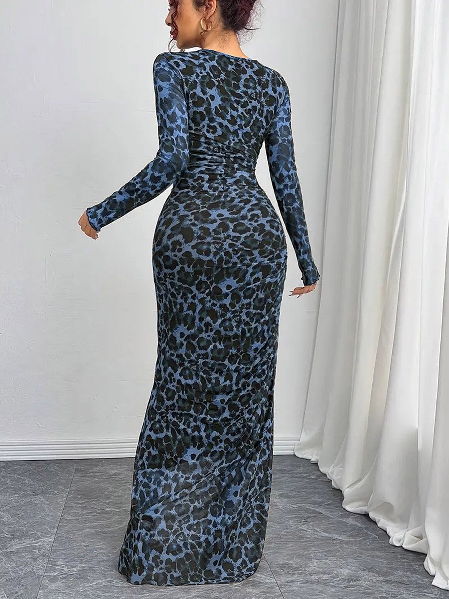 Leopard Print Bodycon Long Sleeve Maxi Dress