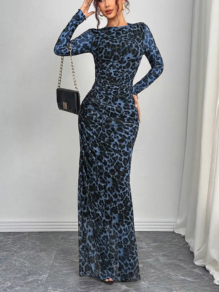 Leopard Print Bodycon Long Sleeve Maxi Dress