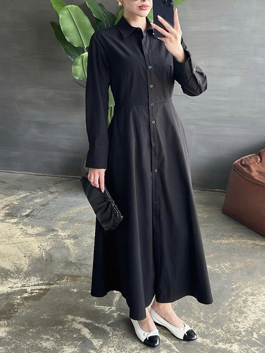 Solid Long Sleeve Button Shirt Midi Dress