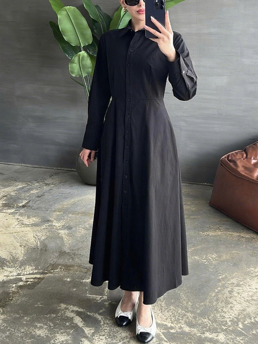 Solid Long Sleeve Button Shirt Midi Dress