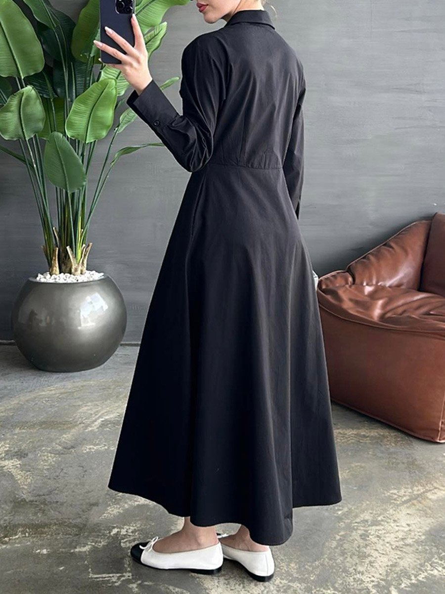 Solid Long Sleeve Button Shirt Midi Dress