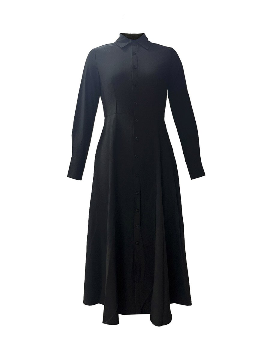 Solid Long Sleeve Button Shirt Midi Dress