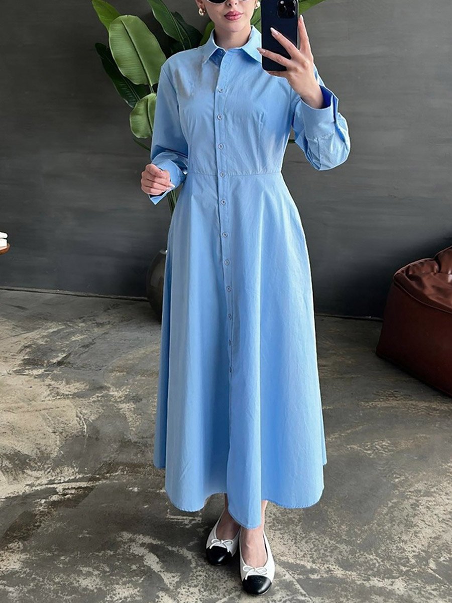 Solid Long Sleeve Button Shirt Midi Dress
