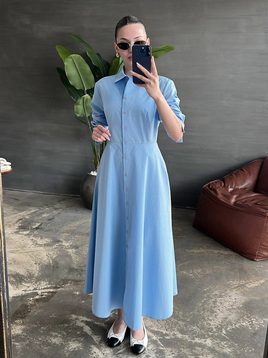 Solid Long Sleeve Button Shirt Midi Dress