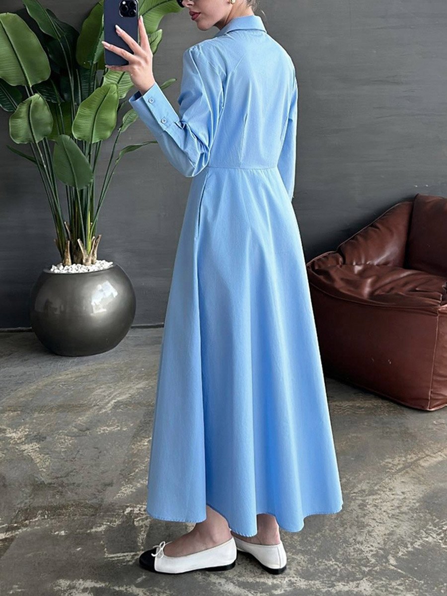 Solid Long Sleeve Button Shirt Midi Dress