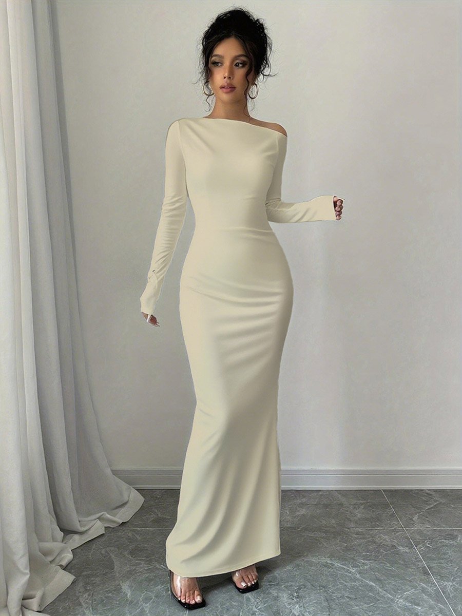 Solid Beige Bodycon Maxi Dress For Women at UAE | Styli Solid Beige Bodycon Maxi Dress For Women at UAE | Styli