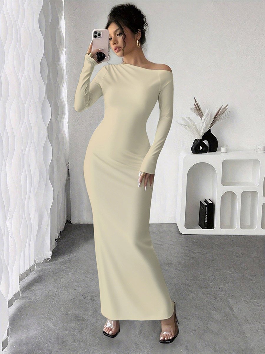 Solid Beige Bodycon Maxi Dress For Women at UAE | Styli