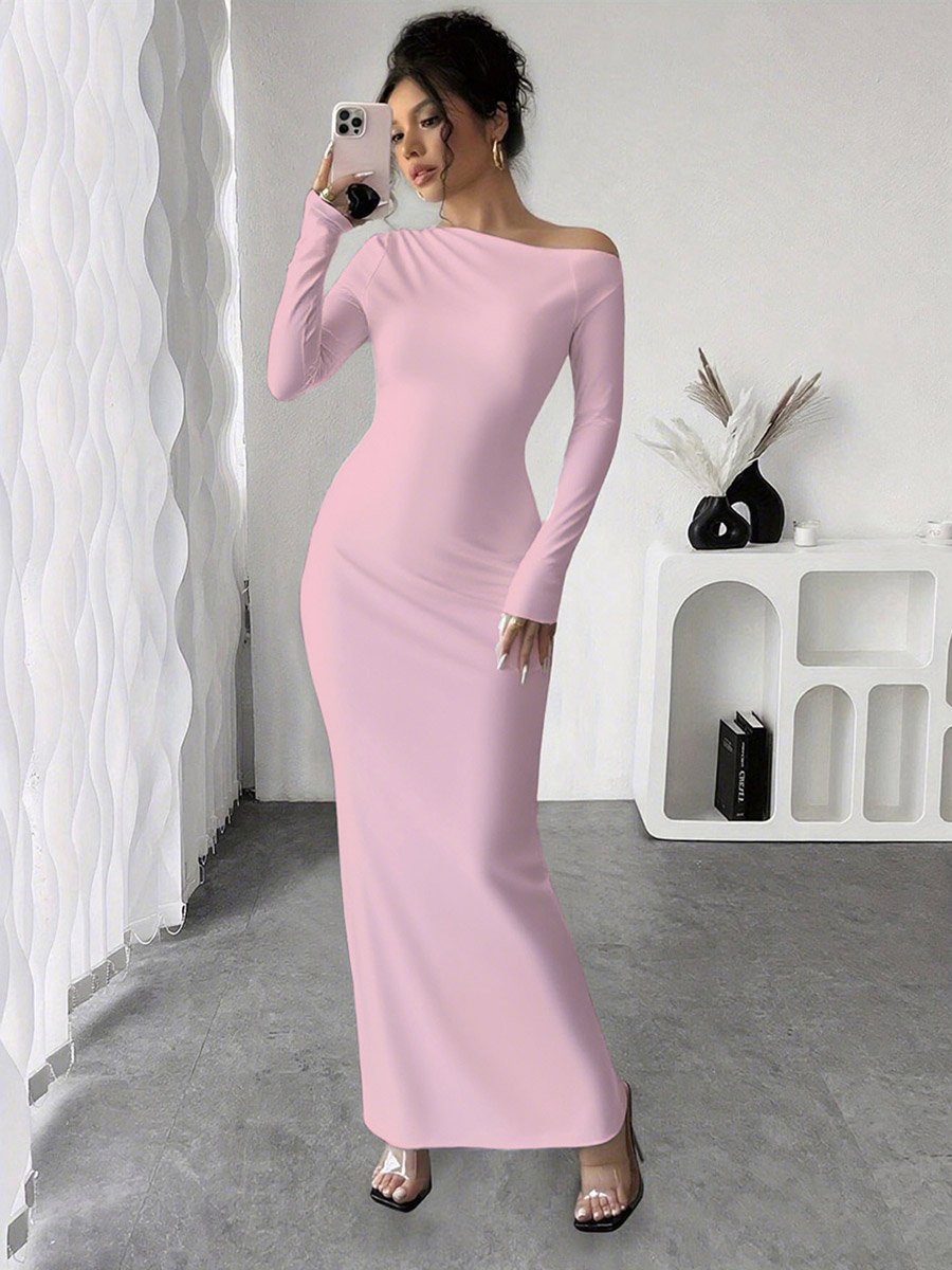 Solid Pink Bodycon Maxi Dress For Women at UAE | Styli