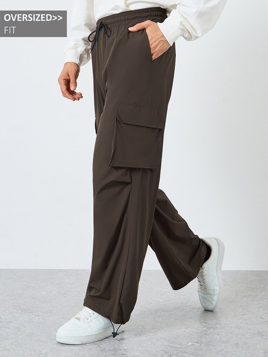 Women Brown Plain Oversized Parachute Pants with Utility Pockets