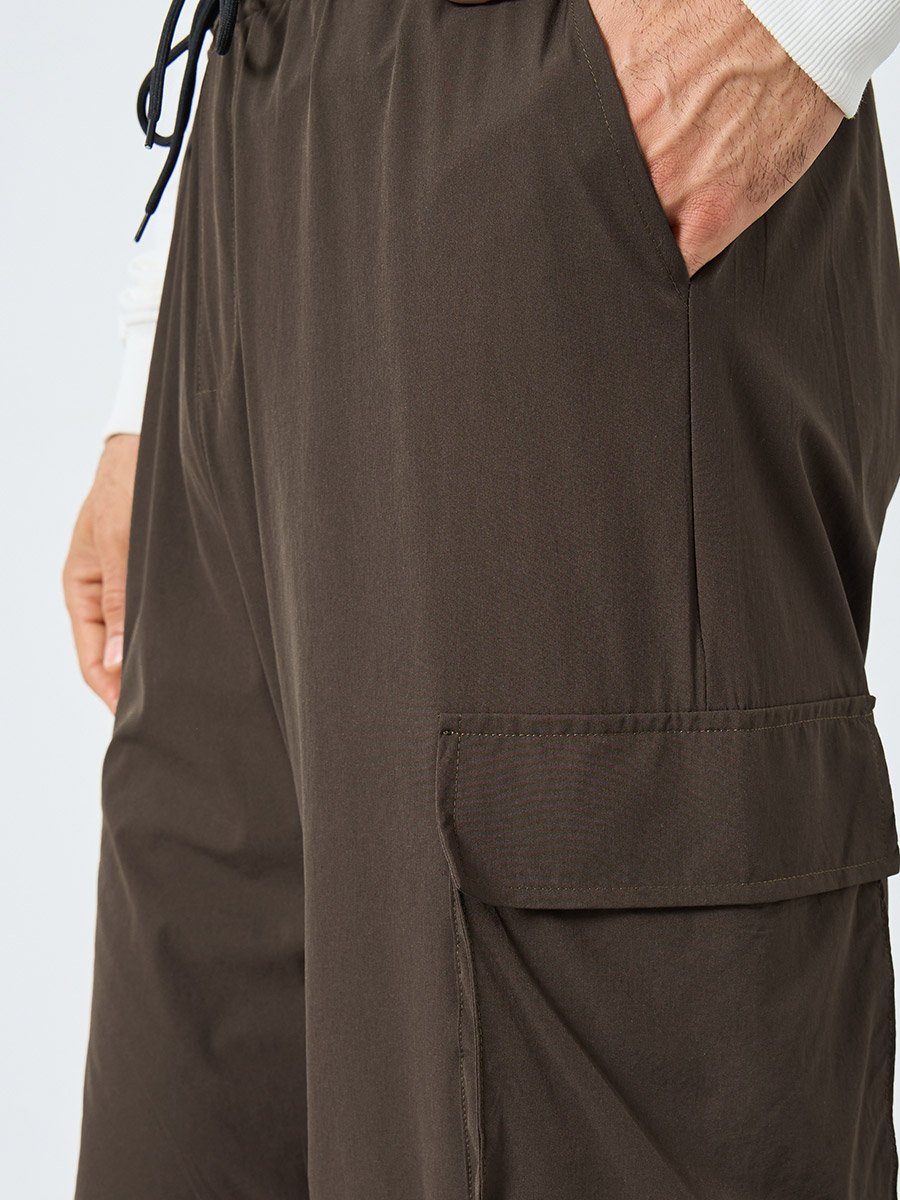Women Brown Plain Oversized Parachute Pants with Utility Pockets