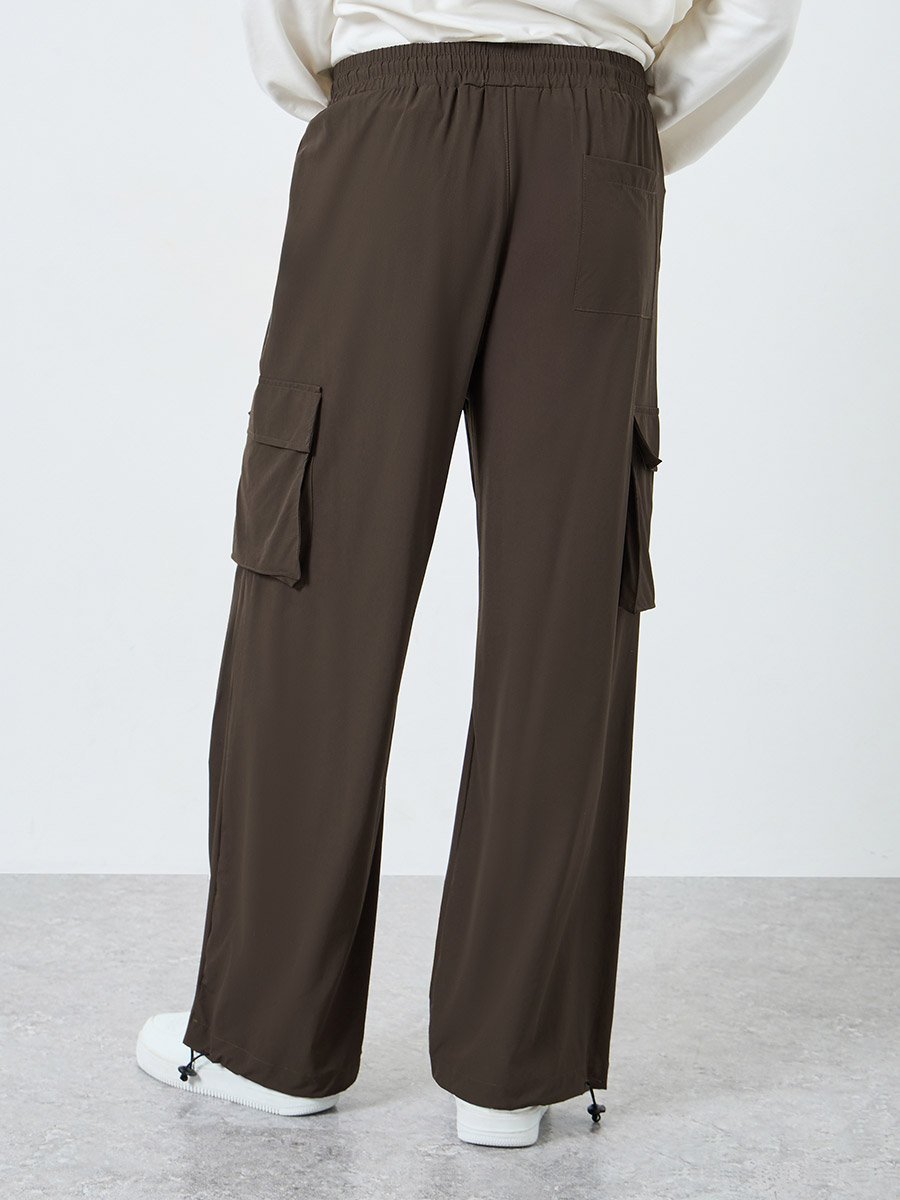 Women Brown Plain Oversized Parachute Pants with Utility Pockets