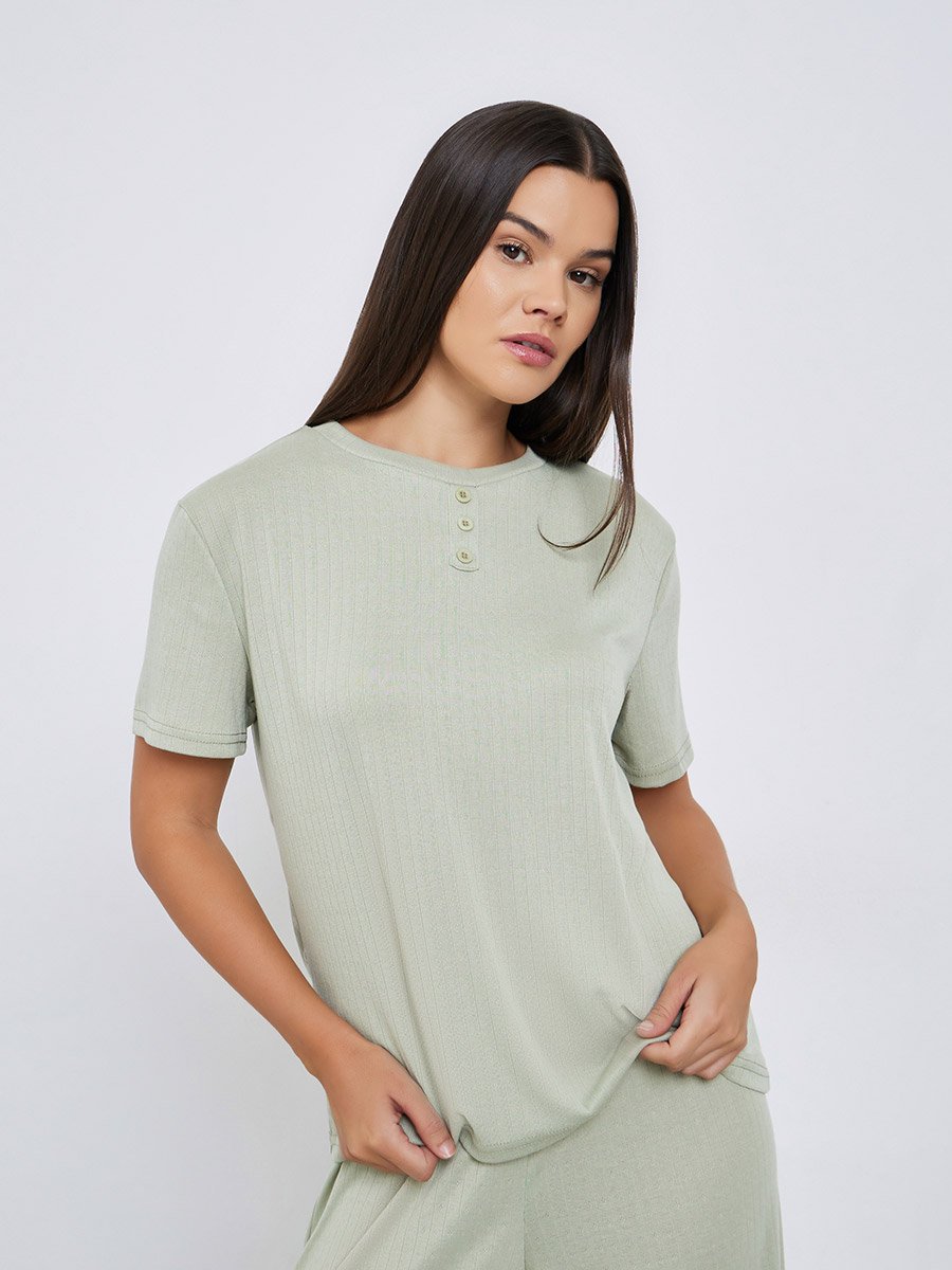 Pointelle Round Neck Placket T-Shirt and Wide Leg Pyjama Set